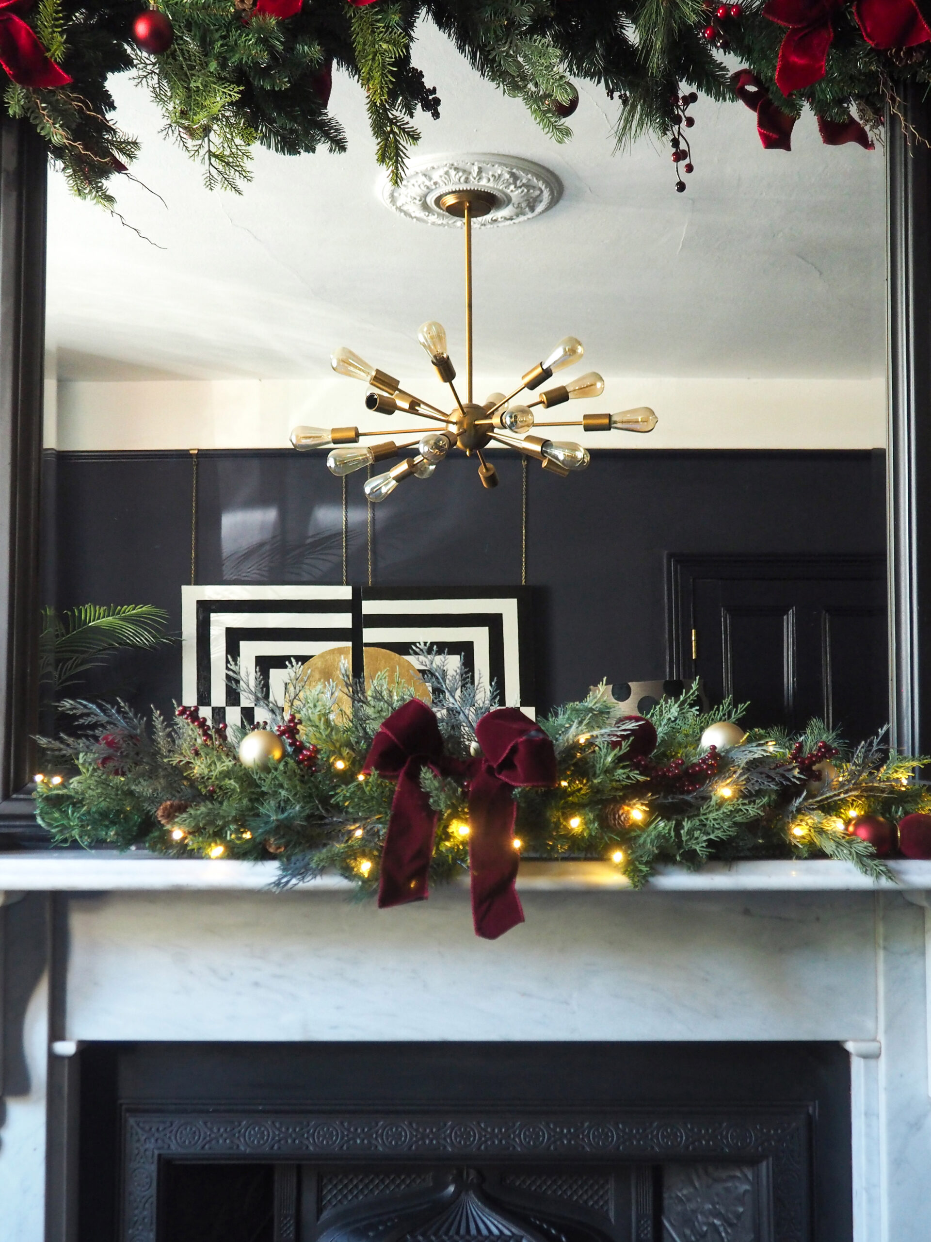 Christmas Fireplace Garland with Red Bows and Fairy Lights